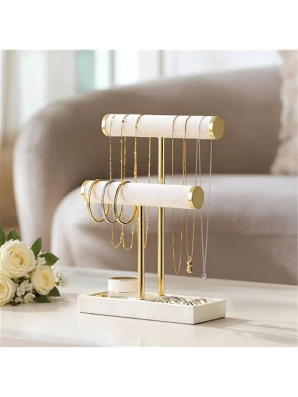 2Tier Bracelet Holder Display, Necklace Holder Organizer,Beige | Velvet Necklace
